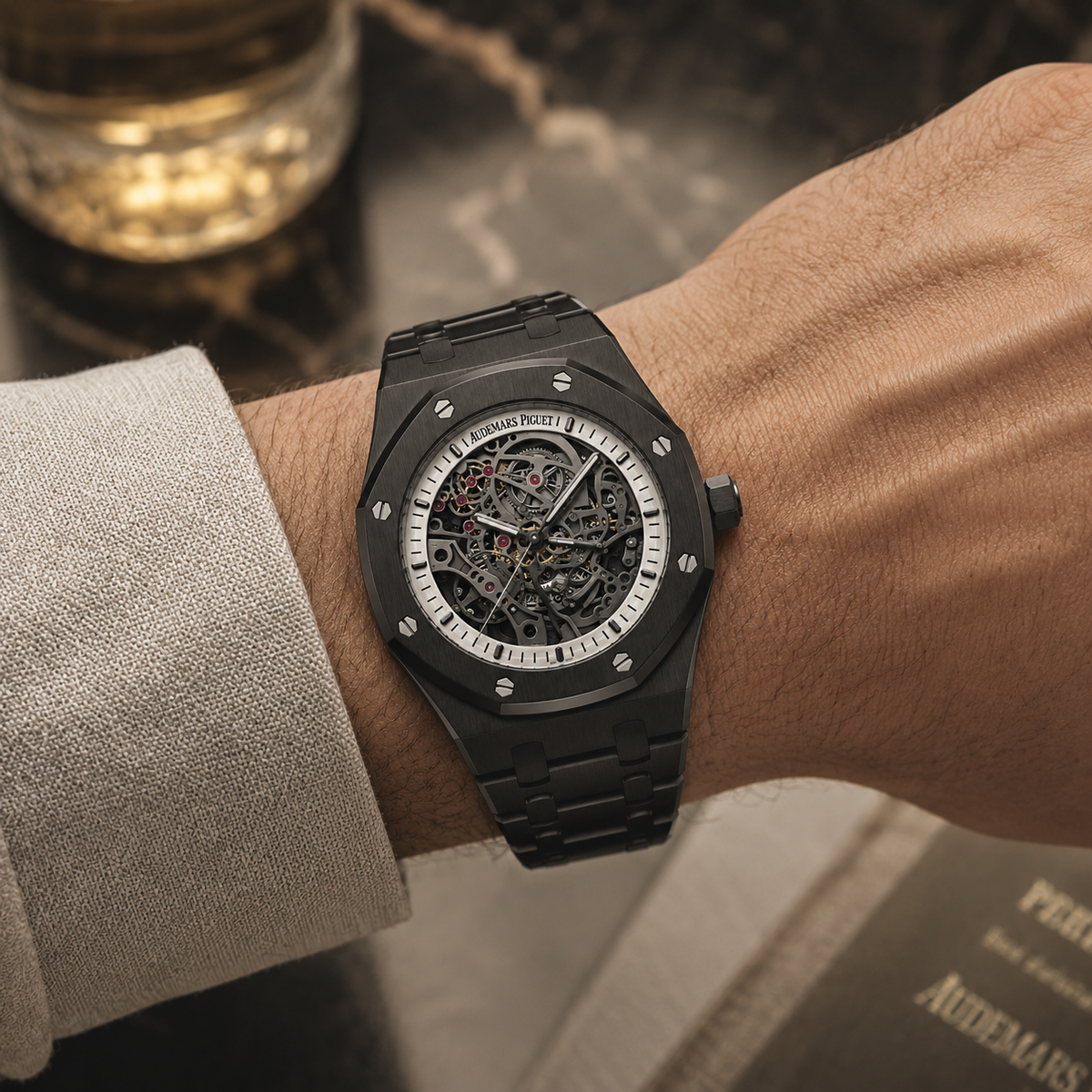 Relógio AP Royal Oak Preto Skeleton 43mm